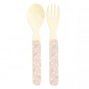 Rainbow print melamin spoon and fork ingår i baby dinner set från Rice